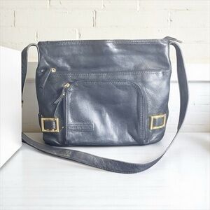 Stone Mountain Black Leather Shoulder Bag With Adjustable Buckle Strap​​